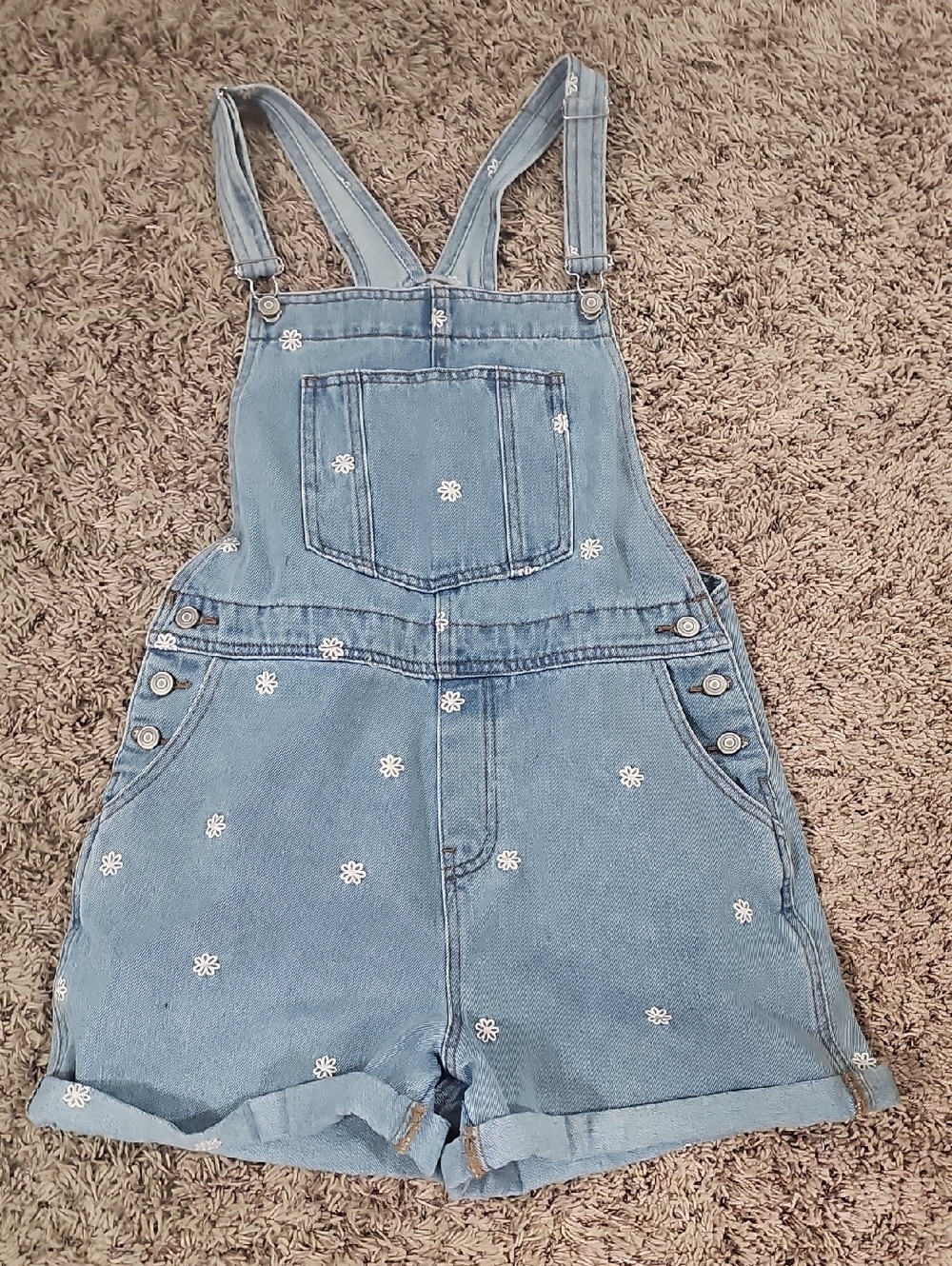 Light Blue Denim Daisy Embroidered Short Overalls